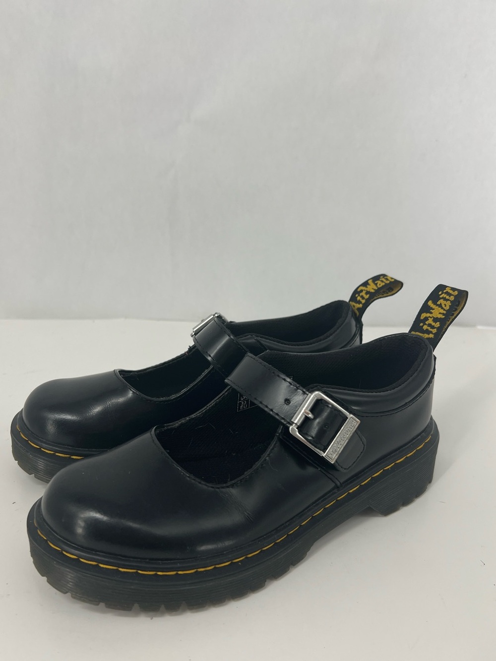 Dr. Martens Black Mary Jane Shoes with Yellow Stitching